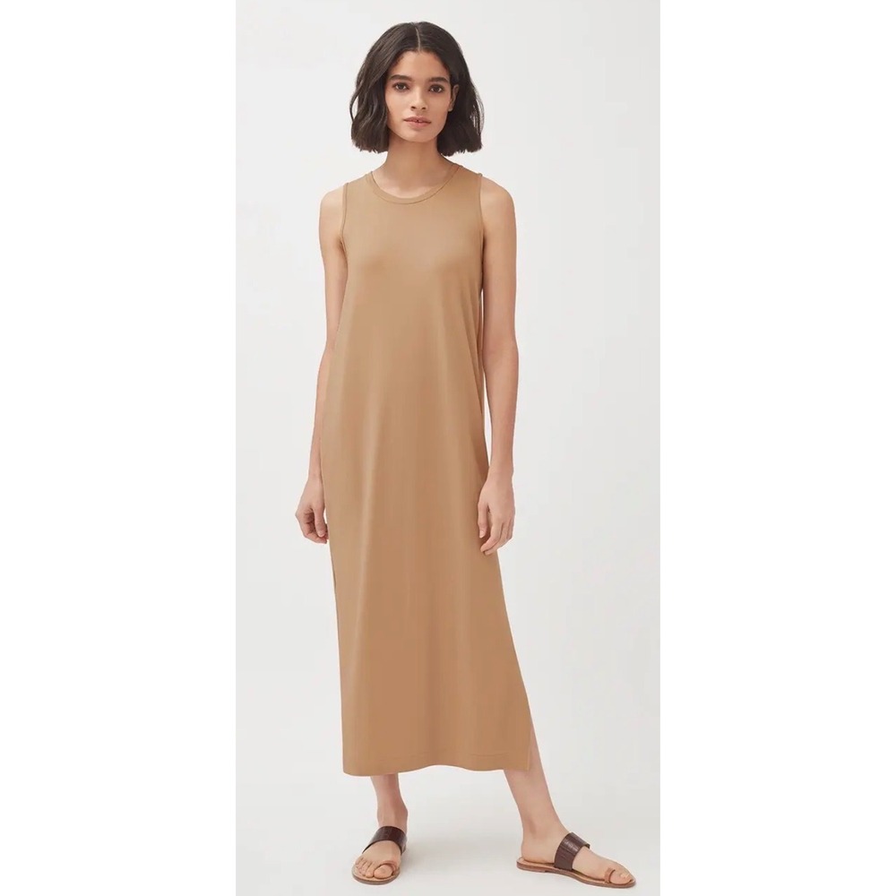 Cuyana | Drape-Back Dress M Tan Organic Pima Cotton Modal Midi Slit Sleeveless